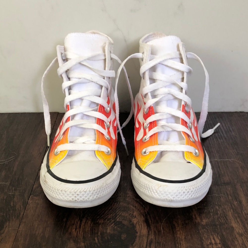 Converse White High-Tops with Orange and Yellow Flame Print